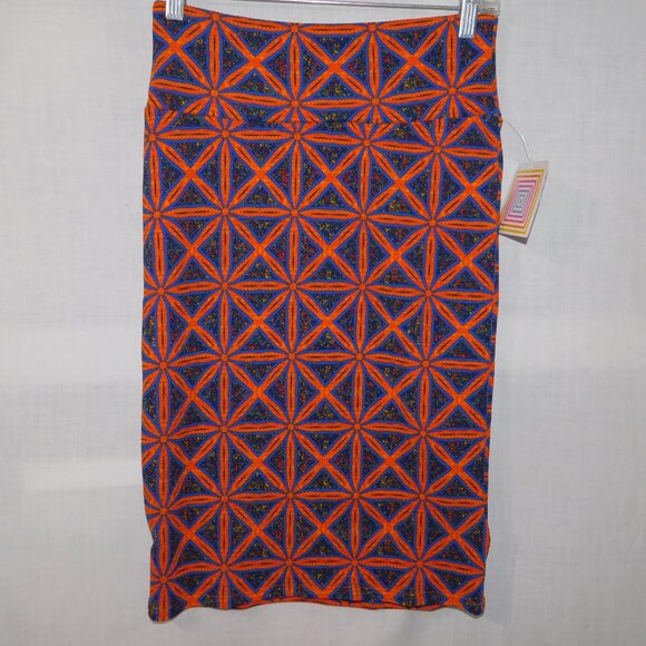 Lularoe Cassie Womens S Blue Orange Geometric Pattern Body Con Pencil Skirt NEW - Picture 1 of 5